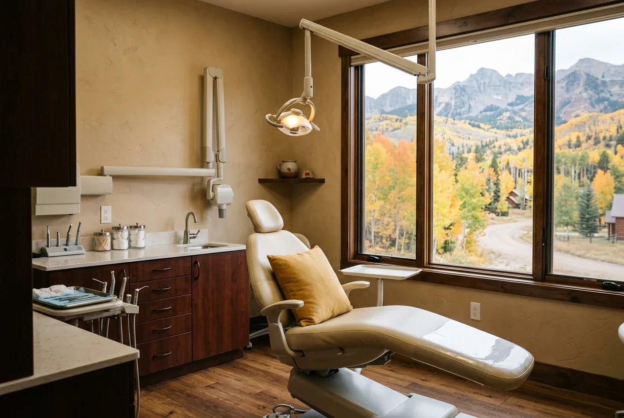 Dental chair in an examination room beside a large window overlooking autumn trees and mountains.